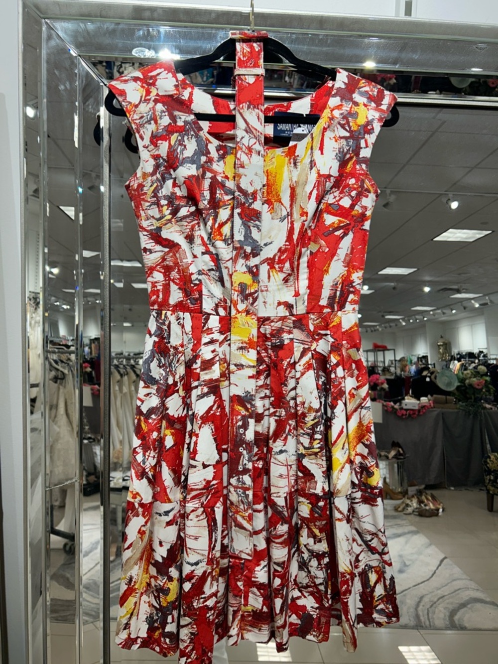 SAMANTHA SUNG Abstract Print Fit-and-Flare Dress in Red and White